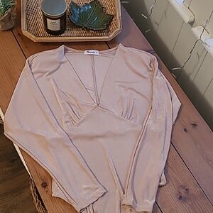 Champagne Shimmer Bodysuit with Dolman Sleeves and Shoulder Pads